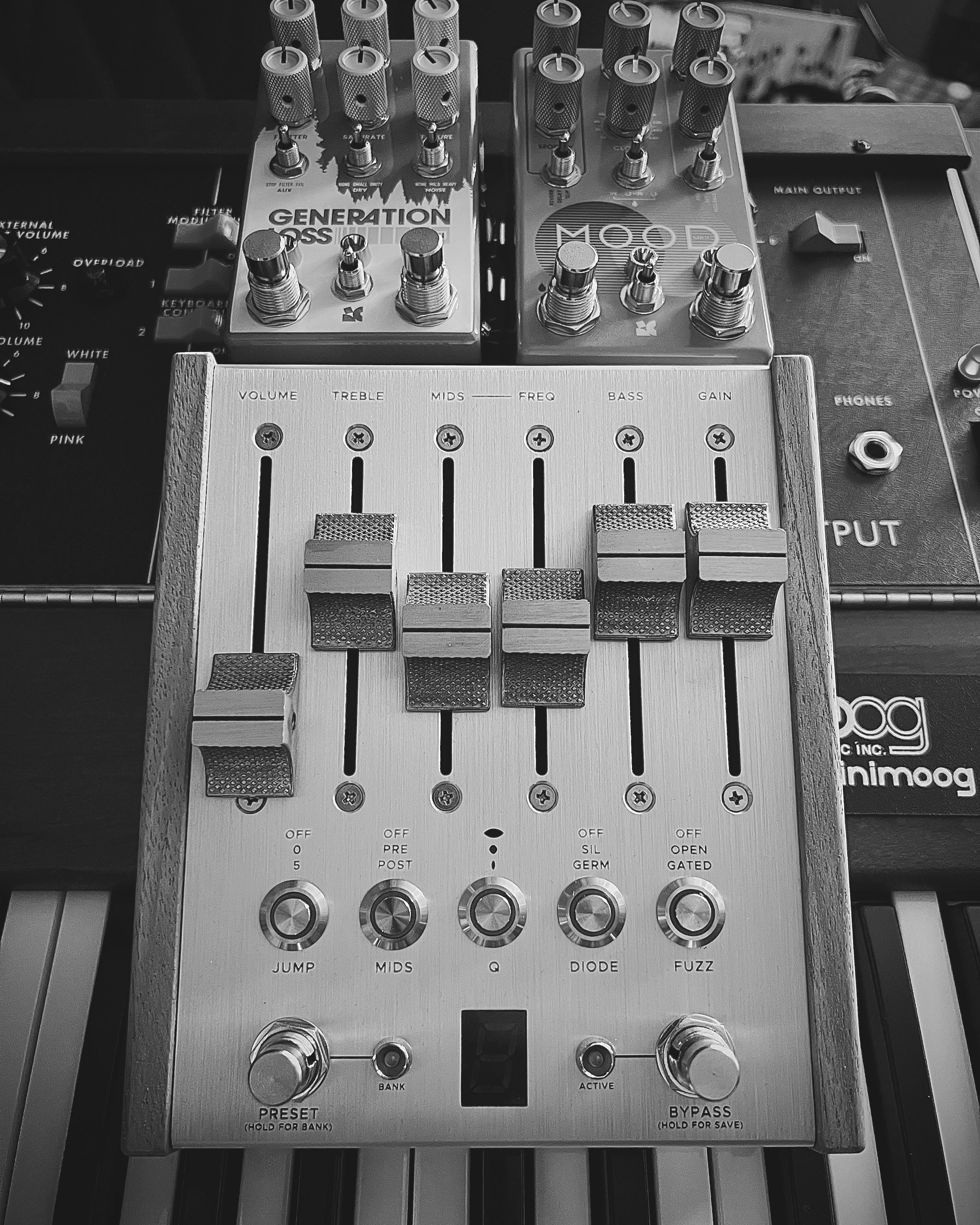 A photo of Lündhé Audio's Moog Model D and two Chase Bliss pedals.