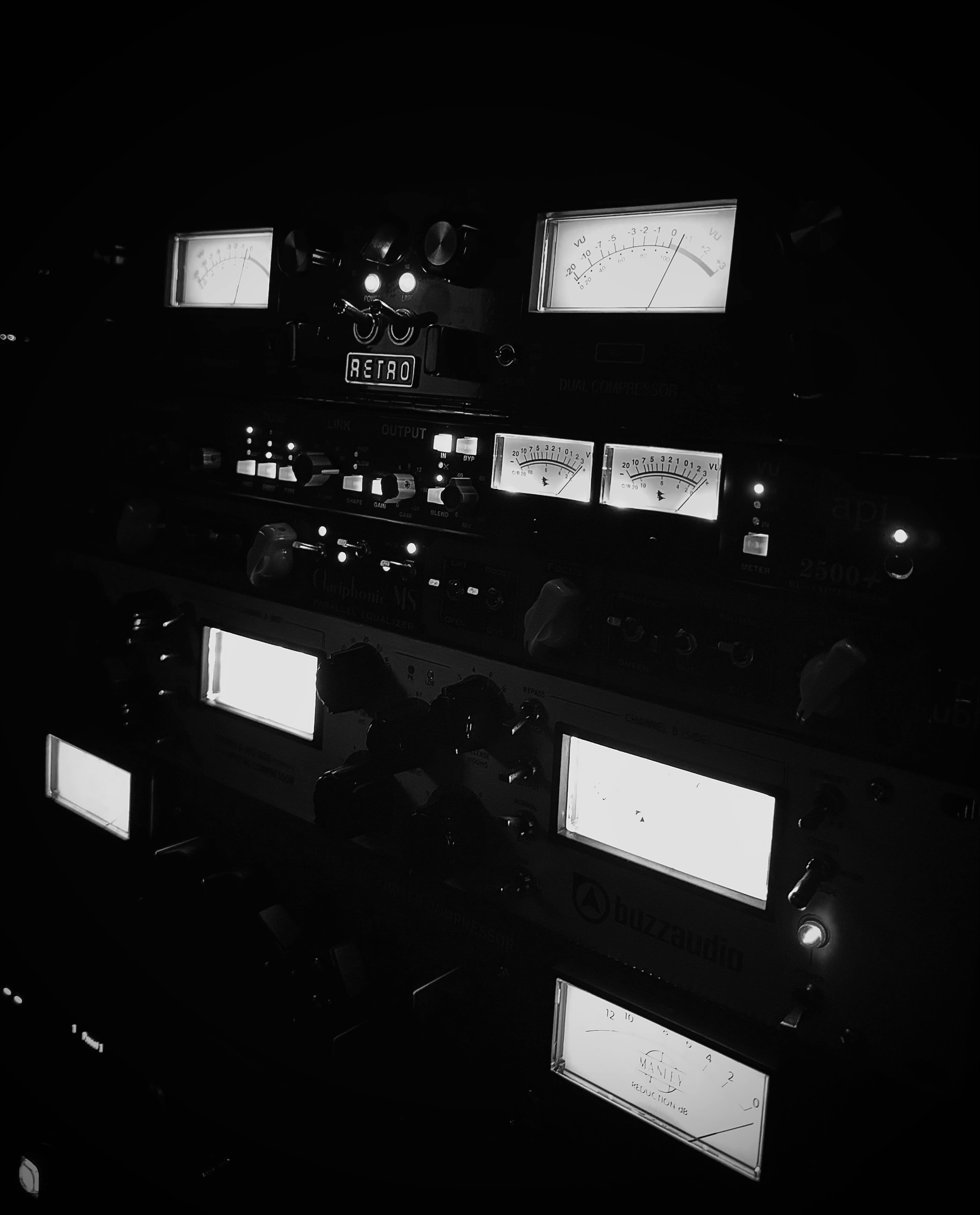 A photo of Lündhé Audio's analog equipment - including Retro Instruments, Buzz Audio, Empirical Labs, Manley, and more.